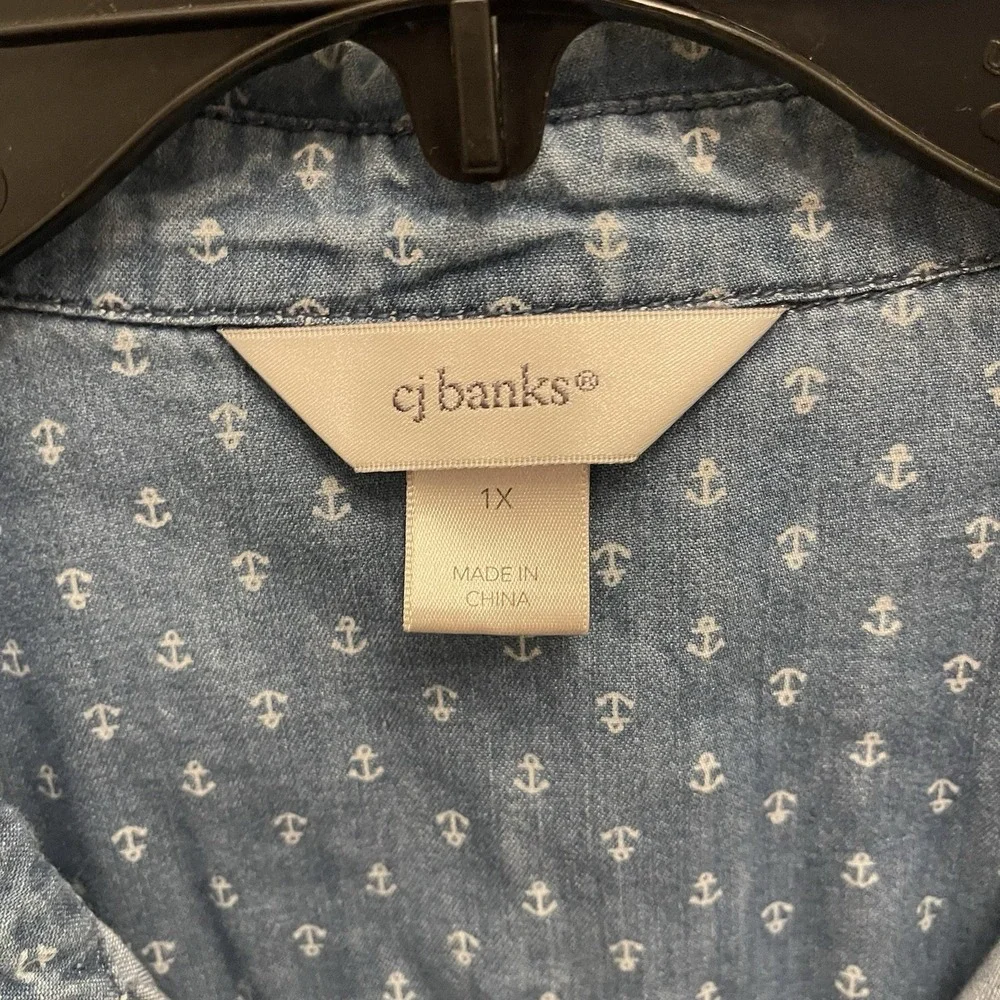 CJ Banks Popover Denim‎ Chambray Blouse Top Womens 1X Collared Anchor Nautical - Picture 4 of 8